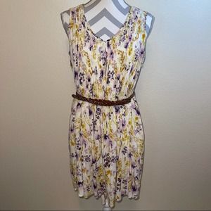 Old Navy Floral Yellow Purple Pleated Round Neck Sleeveless Sun Minidress Small